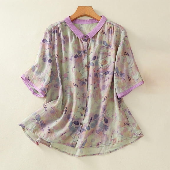 Blczomt Short Sleeve Womens Tops Clearance Crew Neck Button Down T Shirts 2025 Casual Purple Floral Summer Shirts for Women