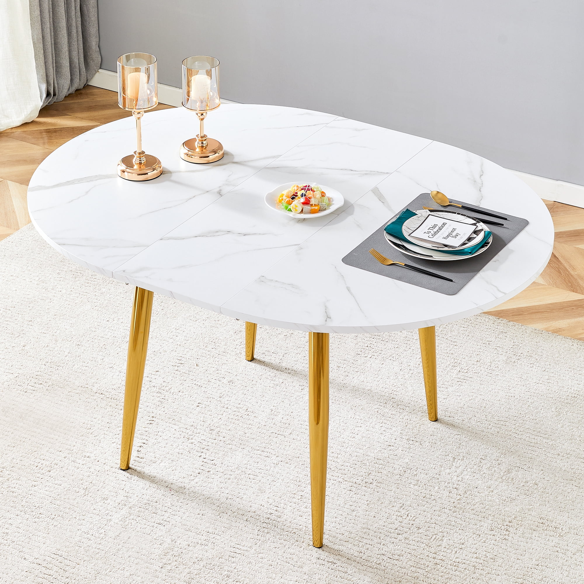 Extendable Dining Table, Round Expandable Kitchen Table with White MDF Top and Gold Metal Legs, Modern Space Saving Dining Room Table for Apartment