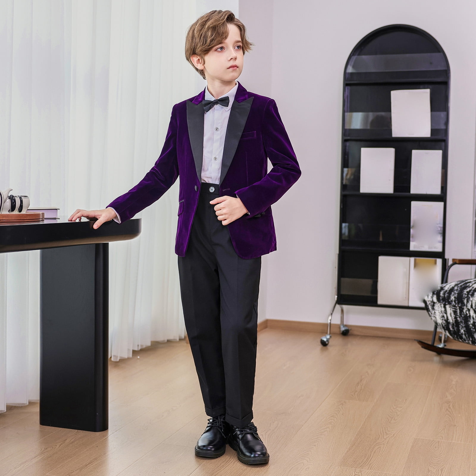 Boys Suits Wedding Ring Bearer Outfits with Blazer Jacket Dress Shirt & Pants Bow Tie 4 Piece Tuxedo Set