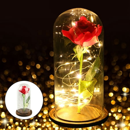 Rose Glass Dome LED Light, Red Silk Rose and Led Light in Glass Dome on Wooden Base for Home Decor Holiday Party Wedding Anniversary 