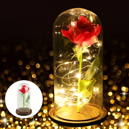 Anniversary Clock Glass Dome Rose Glass Dome LED Light, Red Silk Rose and Led Light in Glass Dome on Wooden Base for Home Decor Holiday Party Wedding Anniversary