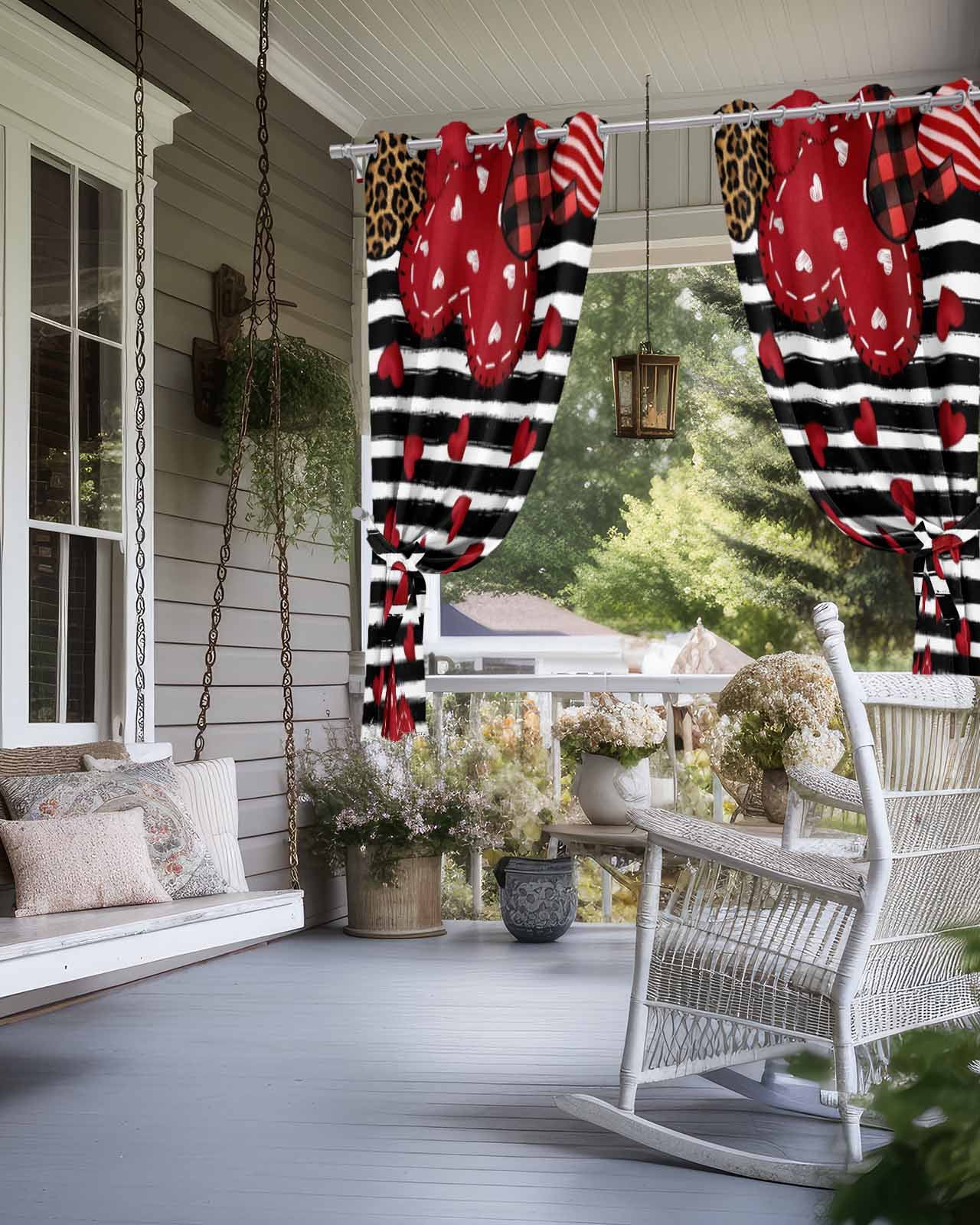 Valentine's Day Outdoor Curtains for Patio, Red Love Heart Leopard Spot Black Stripes Privacy Drapes Grommet Waterproof Outside Curtains for Porch/Cabana/Balcony 54"x 108", 1 Panel