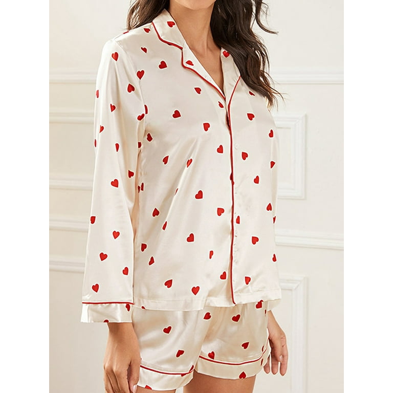 Gwiyeopda Women's Soft Pajama Set Heart Print Long Sleeve Button Down  Loungewear Pjs Shorts Set
