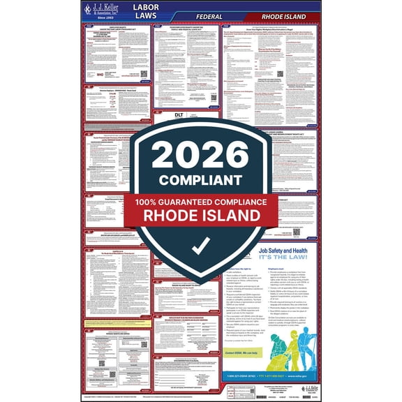 Rhode Island Labor Law Poster, All-in-One Compliant RI State & Federal Laminated Poster (24" x 40" English)