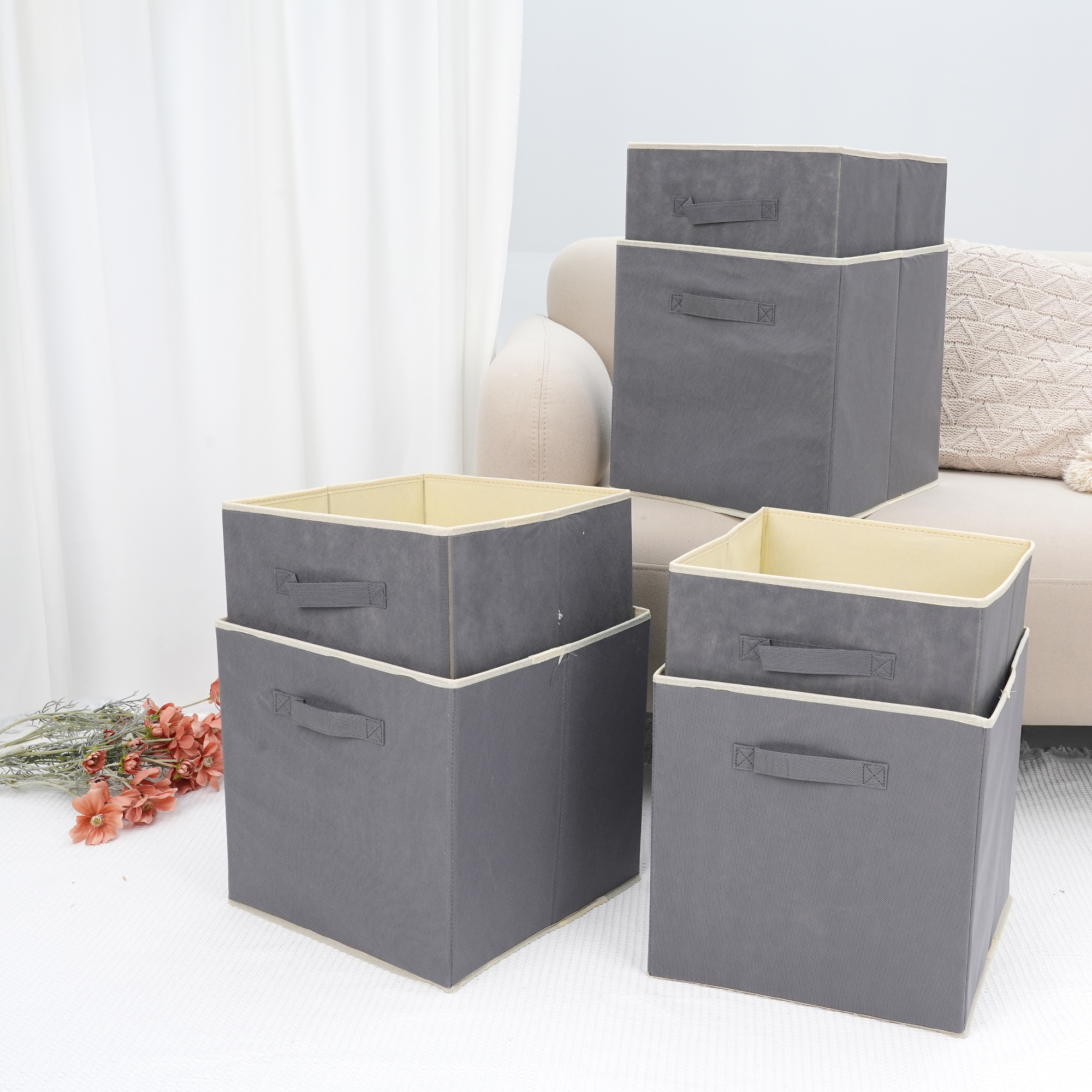 Unique Bargains 3 Pcs Square Fabric Collapsible Storage Basket Bin with Handle Grey S