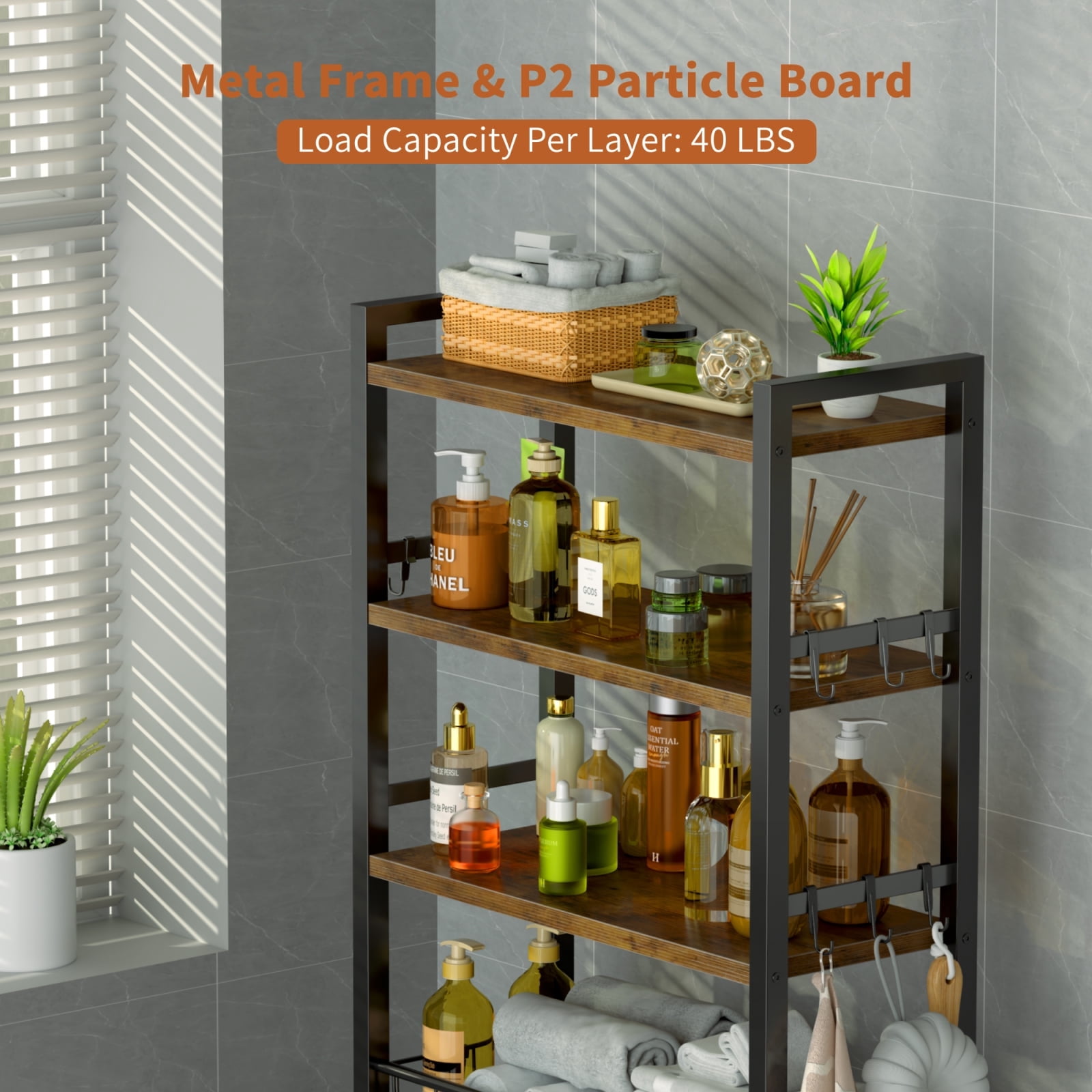 Capri Over The Toilet Storage Shelf, 4-Tier Freestanding Bathroom Organizers and Storage, above Toilet Space Saver Rack with Adjustable Shelves, Toilet Paper Holder and 9-Hooks, Rustic Brown