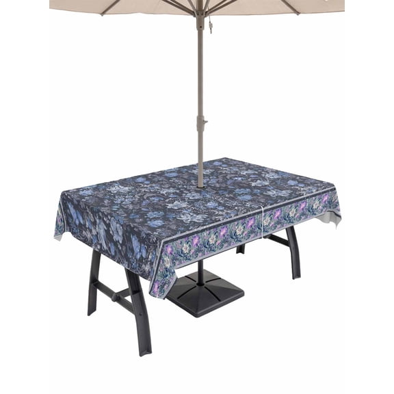 Outdoor Tablecloth with Umbrella Hole for Patio/Picnic/Party/Camping, Navy Blue Floral Waterproof Table Cloth Rectangle Table Cover Washable, Ethnic Tribe Abstract Art Flowers (60"x 84")