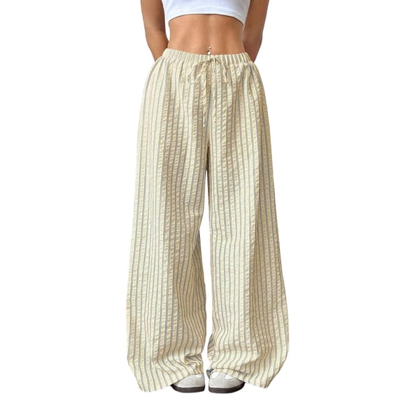 Women Drawstring Striped Pants Loose Wide Leg Trousers Casual Low Waist Pants Comfy Lounge Pants with Pockets Yellow S