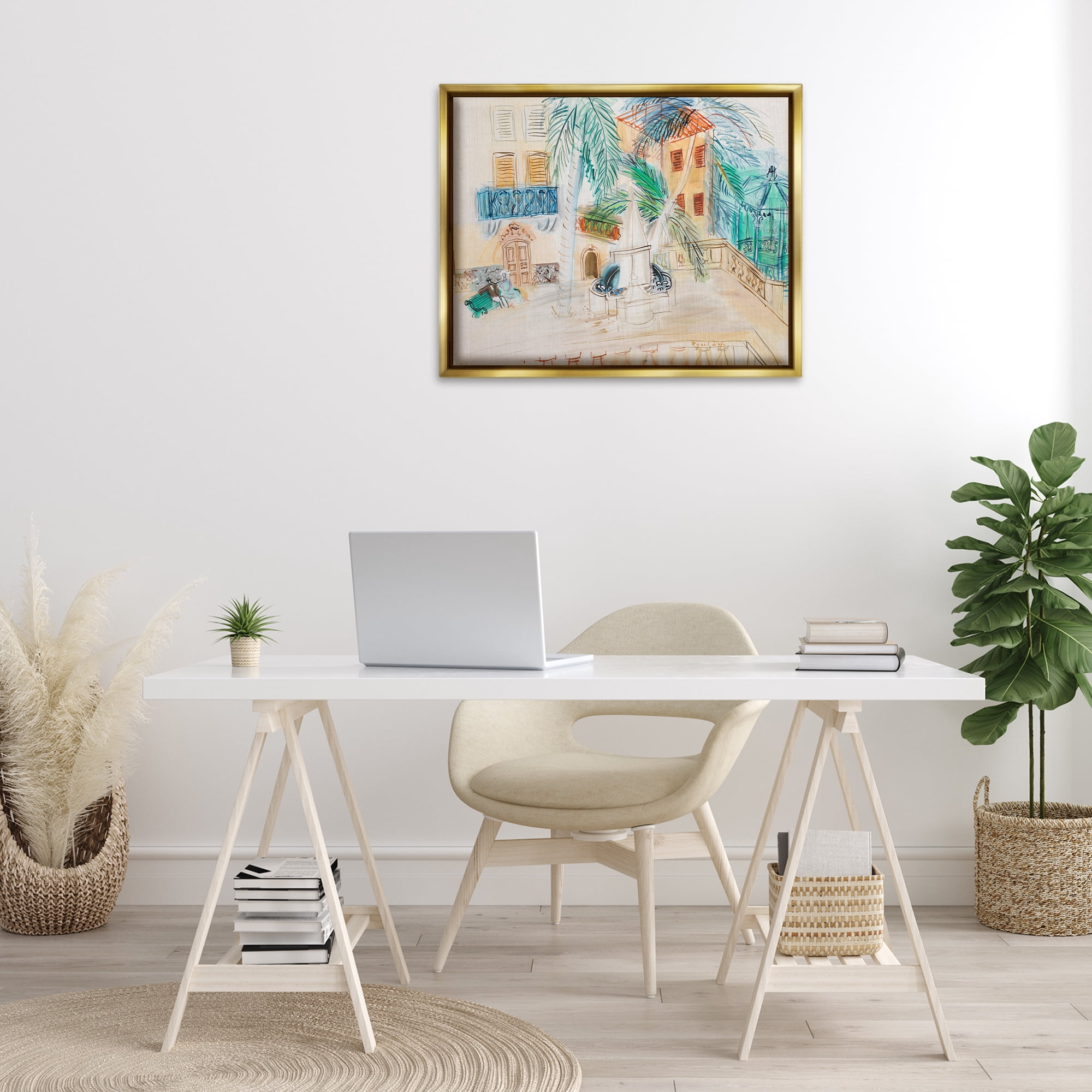 Stupell Industries Couple Sur Un Banc Dufy Classic Buildings & Architecture Painting Gold Floater Framed Canvas Art Print Wall Art, 31 x 25