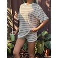 thumbnail image 5 of Womens Geometric Stripe Short Sleeve T-Shirt and Shorts Loungewear Set Khaki L, 5 of 8