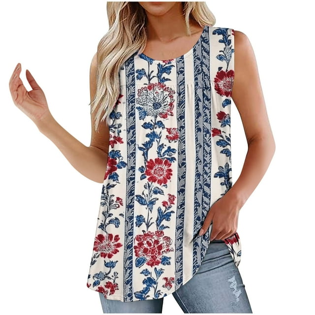 UPPADA Camisoles Mignonnes pour Femmes Tendance Col Rond à Fleurs Hauts d'Été Sans Manches Blouses Chic Décontracté Débardeurs Graphiques Bleu Marine,P