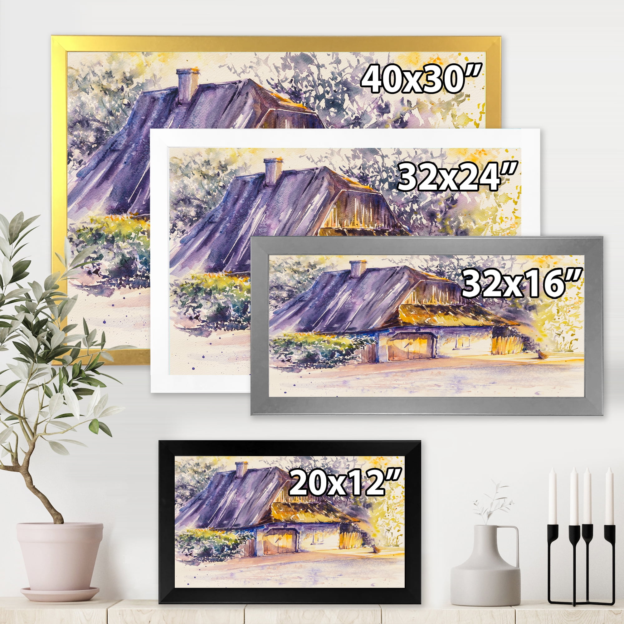 Old Wooden White House In Country Side Village During Afternoon Glow 32 in x 16 in Framed Painting Canvas Art Print, by Designart