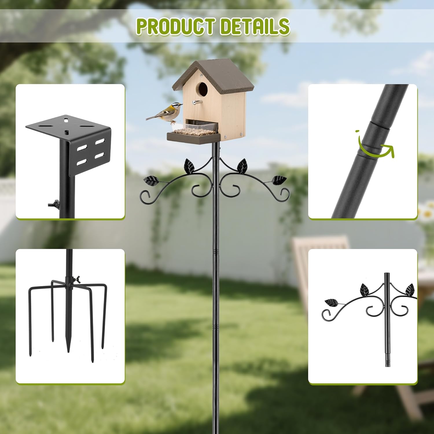 Urban Deco 91 Inch Bird Feeder Pole Mount Kit, Bird House Pole 5-Prong Base Shepherds Hook for Hummingbird Feeders, Adjustable Heavy Duty Bird Feeder Stand for Outdoor Garden Decor