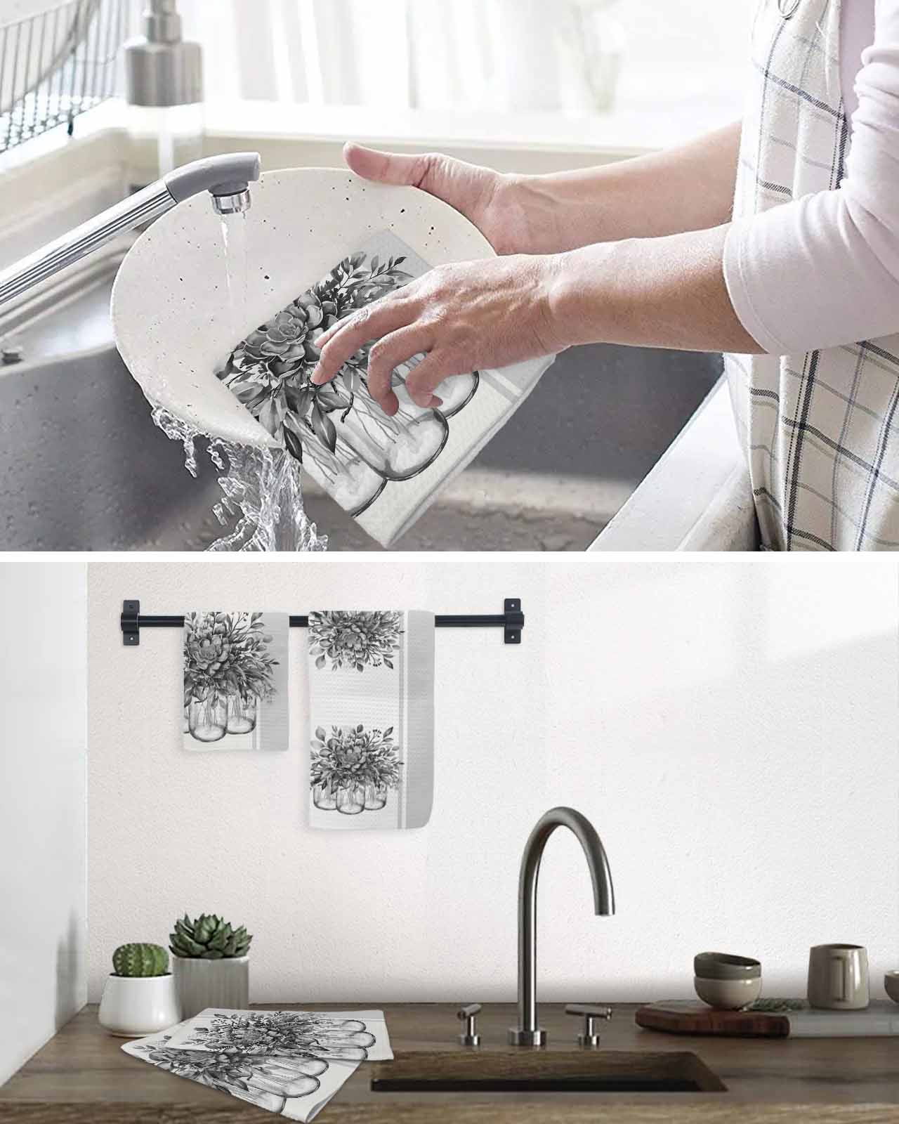 Eucalyptus Gray Dish Towels Set, Waffle Weave Kitchen Towels 4 Pieces, Stripes Bottle Flower Cactus Plant Microfiber Hair Face Bath Tea Towel Absorbent Quick Drying Cleaning Dish Cloths 12"x12"