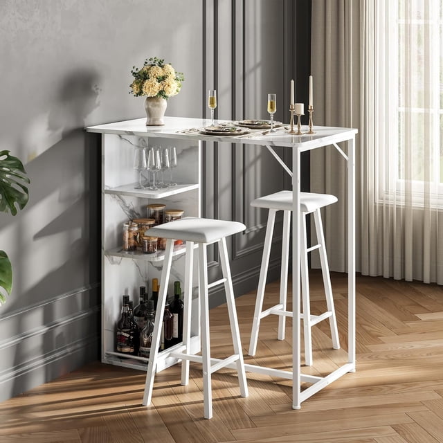QinaQin 3-Piece Small Bar Table and Chairs Set with 3 Storage Shelves, Retro Kitchen Dining Set for 2