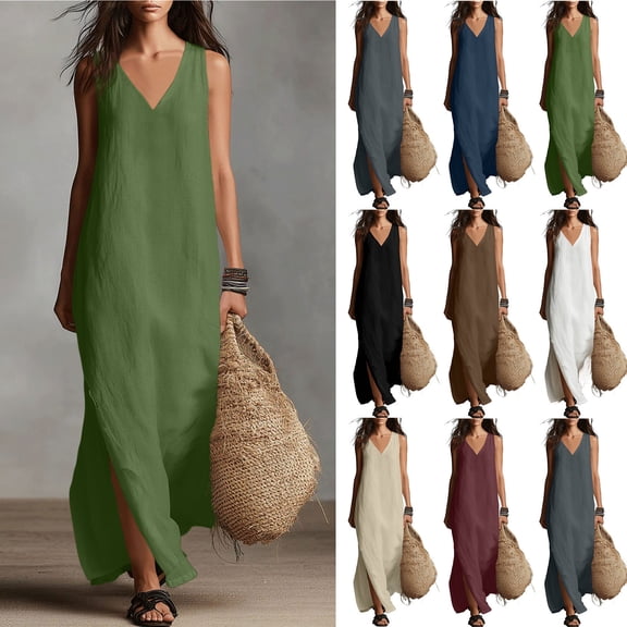 Smsaxvxz Womens Summer Cotton Linen Dresses Fashion Solid V-Neck Sleeveless Slit Hem Sundress Casual Loose Beach Vacation Long Maxi Dress Army Green L