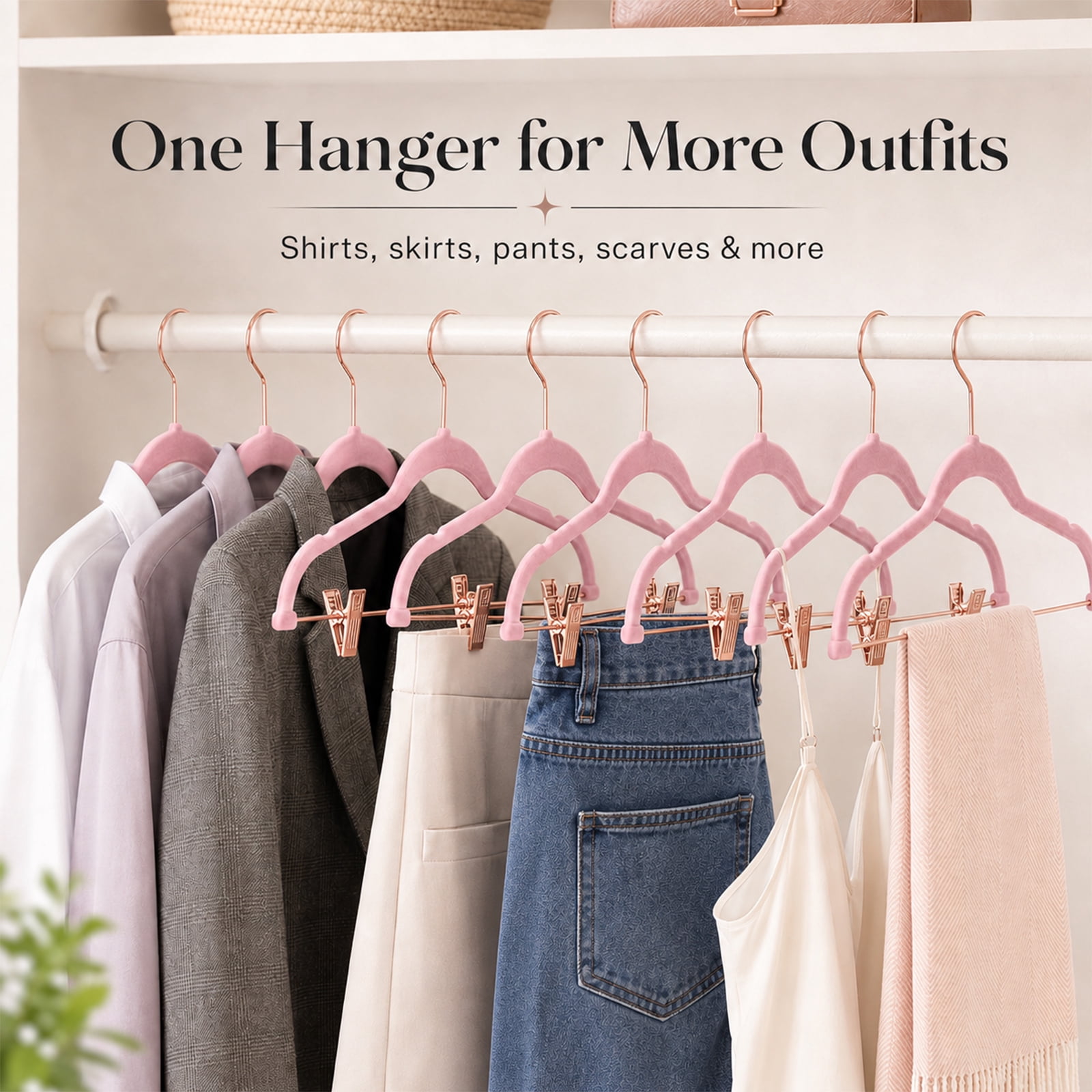 ACSTEP 24 Pack Velvet Pants Hangers with Adjustable Clips, Non-Slip Slim Skirt Hangers for Pants, Jeans, Dresses & Closet Organization, Pink