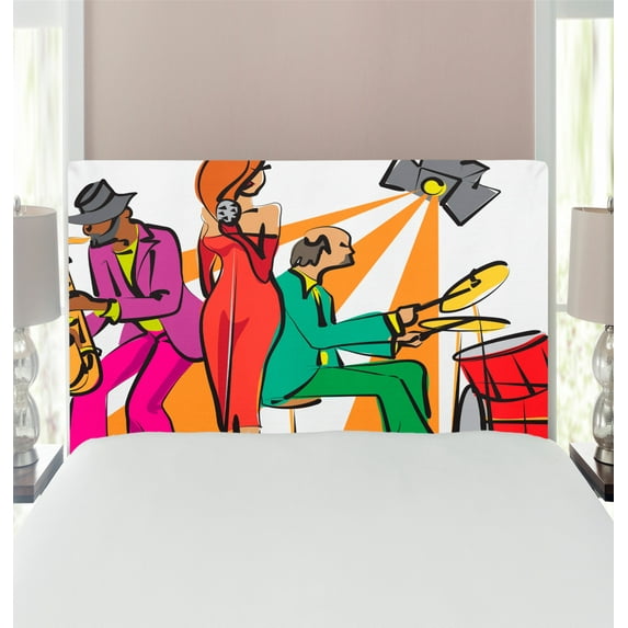 Music Headboard, Jazz Band Playing on the Stage with Singer and Illustration of Neon Art Print, Upholstered Decorative Metal Bed Headboard with Memory Foam, Twin Size, Multicolor, by Ambesonne