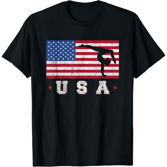 Patriotic Sports Gift American USA Flag Girls Gymnastics T-ShirtMen and women, Black T-shirt, size: Extra large S-4XL
