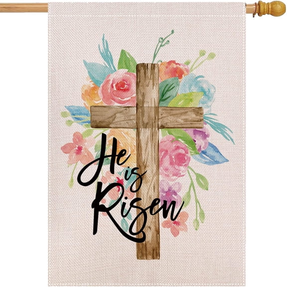 Easter He is Risen Flags for Outdoors 28 X 40 Double Sided Spring House Flag - Christian Religious Cross Rustic Outdoor Decorations
