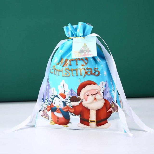 Pequeño MOQ cordón de aluminio feliz Navidad santa dulces regalo de fiesta grandes bolsas de hilo de plástico almacenamiento a granel pegado de galletas