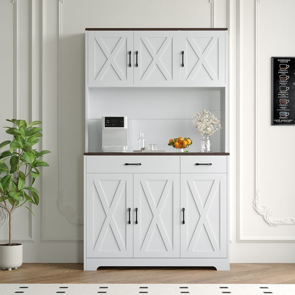 GarveeHome Farmhouse Kitchen Pantry Cabinet, 71" Tall Storage Cabinet with Charging Station, White Kitchen Hutch with Microwave Stand & Storage Drawers for Living Room, Dining Room