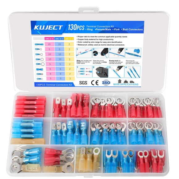 Kuject 130PCS Heat Shrink Wire Connectors Kit, Electrical Waterproof Crimp Butt Terminals, Insulate