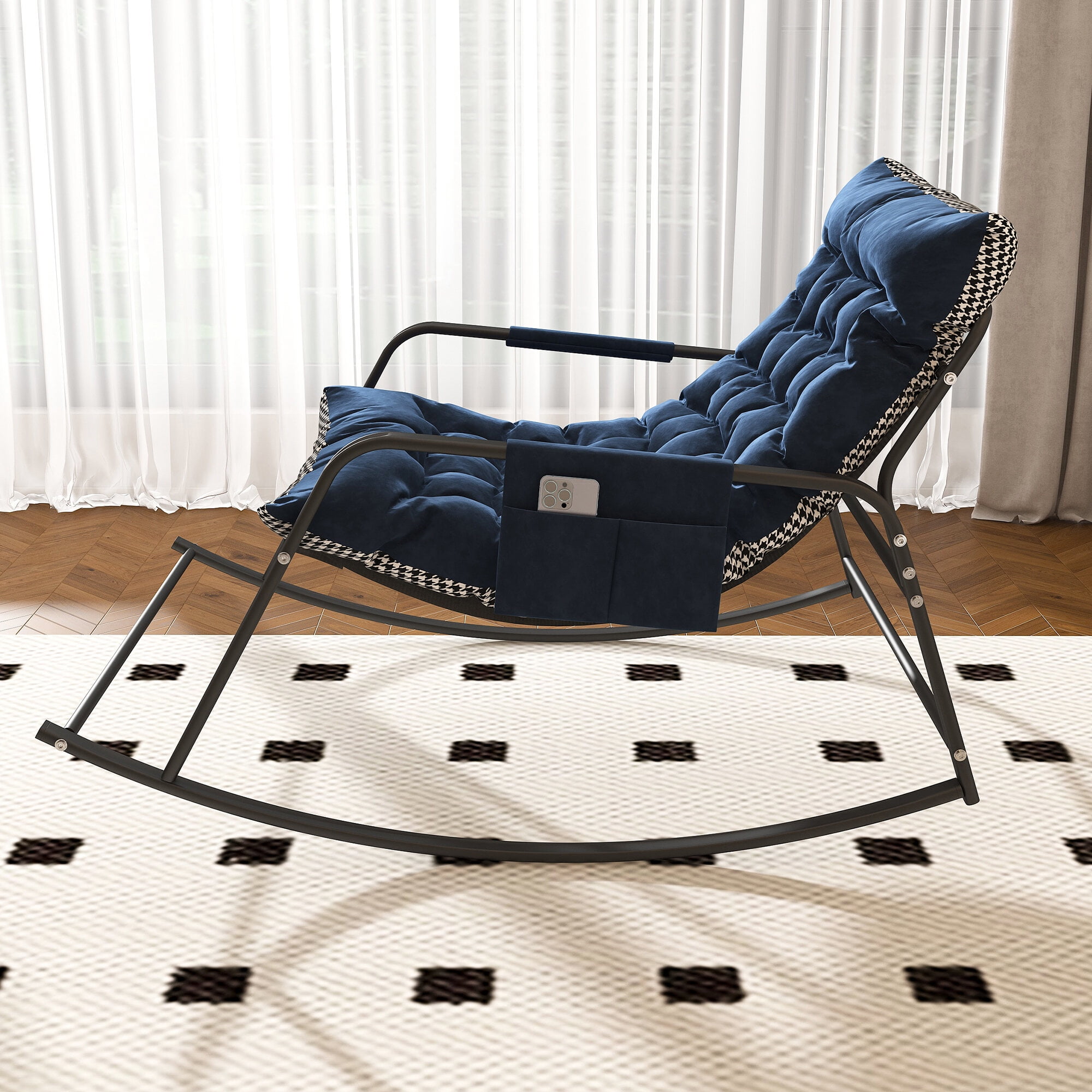 Outdoor Rocking Chairs Rocking Chair with Storage, Cushions & Armrests, All-Season Comfort Lounge Recliner, Breathable Ergonomic Lounge Chair for Bedroom, Living Room, Patio, Garden(Blue),Indoor Rock
