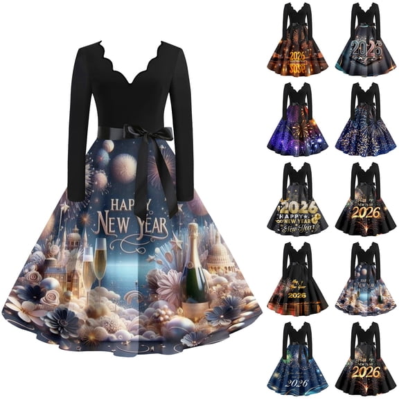 Women's Casual Dress Long Sleeve V-Neck New Year Printed Vintage Loose Fit Midi Dress for Spring Fall Holiday,Blue,L