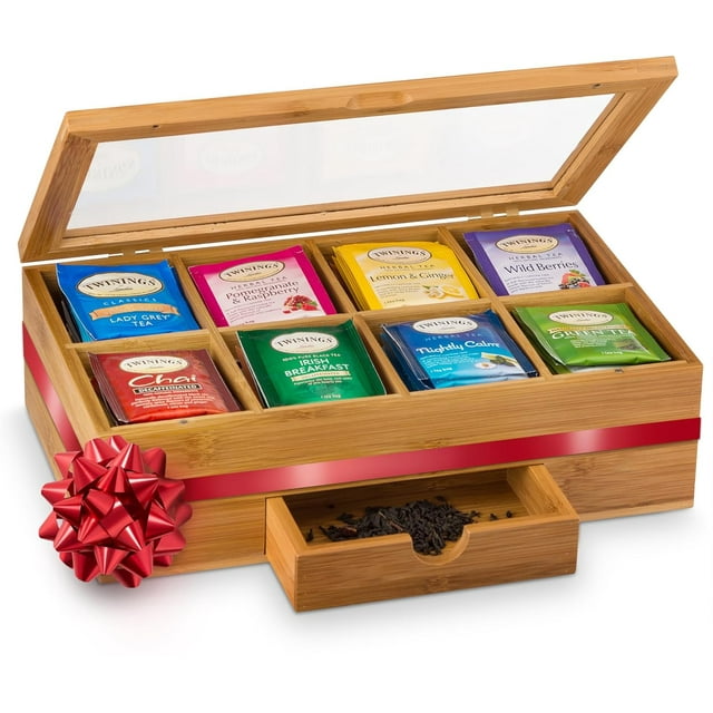 Premium Bamboo Tea Box Organizer - Wood Tea Chest with Slide-Out Drawer & Acrylic Window, Magnet Lid Keeps Teabag Fresh - Countertop & Cabinet Storage Organization (Teabags Not Included)