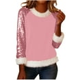 thumbnail image 5 of Oksale Fuzzy Trim Sequin Tops for Women Sparkly Christmas Shirts Loose Long Sleeve Fall Winter Blouses Crew Neck Tee Pullover Purple L, 5 of 6
