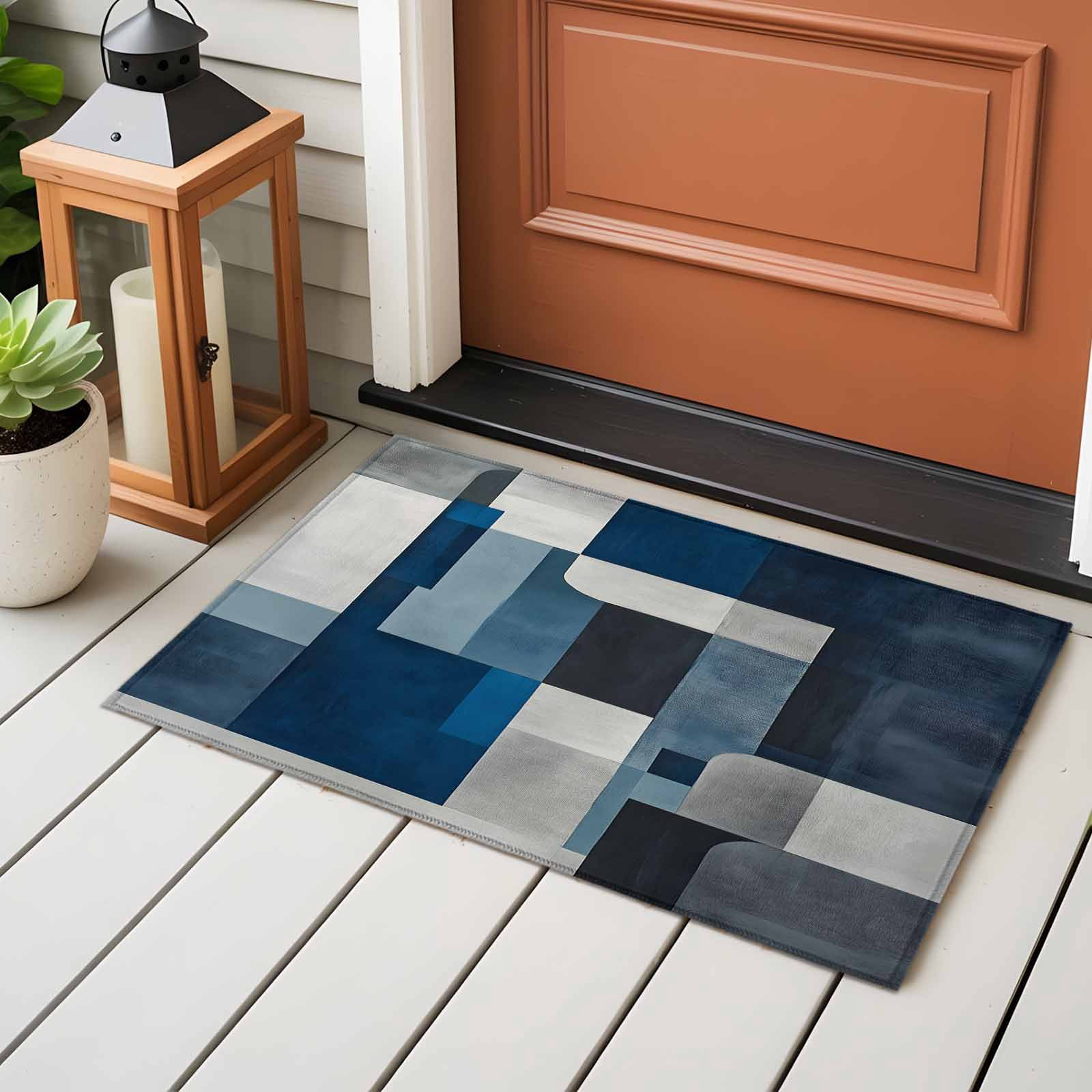 2x3 Ft Entryway Area Rug, Navy Blue Grey Kitchen Rug Runner Washable Floor Mat, Modern Abstract Geometric Vintage Non Slip Indoor Door Mat Throw Carpet for Bathroom Living Room Bedroom
