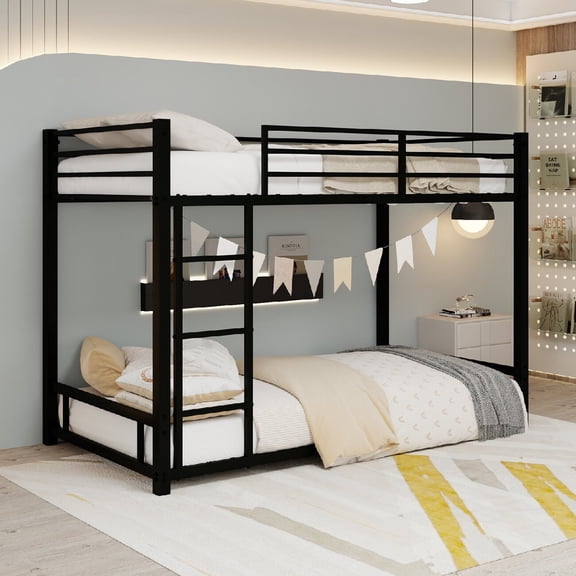 Alukang Twin over Twin Bunk Bed with Safety Guardrail and Ladder, Heavy Duty Bed Frame for Bedroom, Noise-Reduced Design, Black