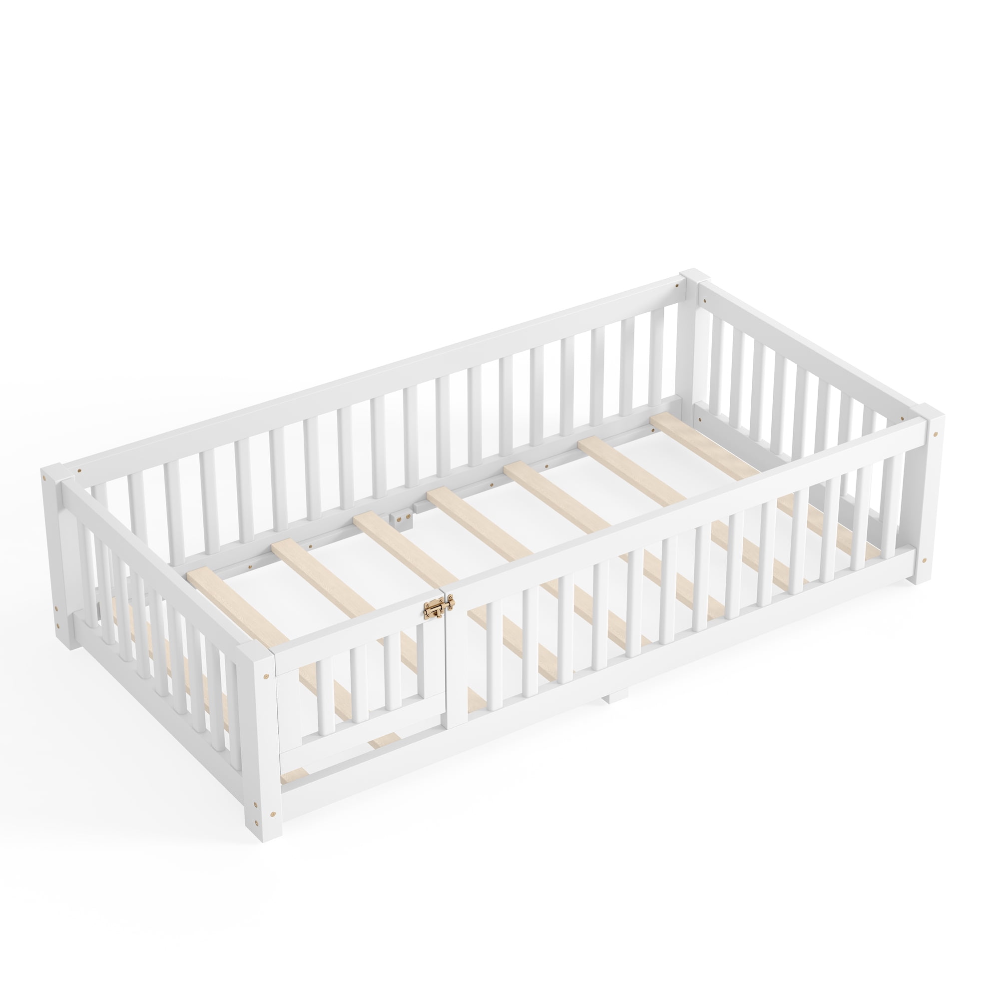 Twin Size Kids Floor Bed with Door and Full-Length Guardrails, Wood Montessori Floor Bed with Support Slats, Toddler Bed for Boys Girls, No Box Spring Needed Design