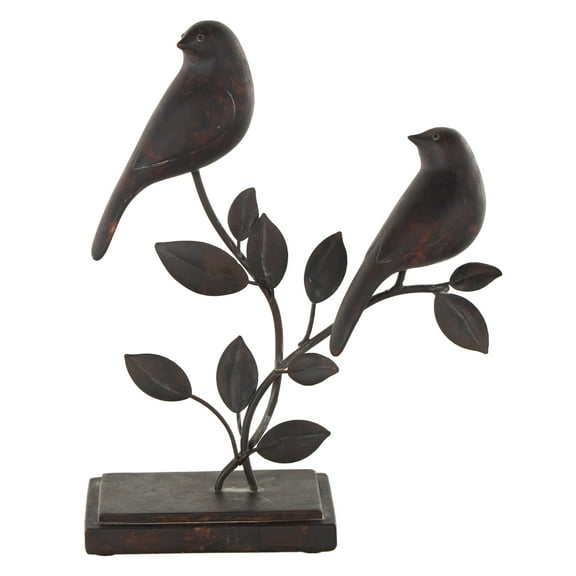 8" x 10" Black Polystone Perching Bird Sculpture with Leaf Vines and Copper Shading, by DecMode