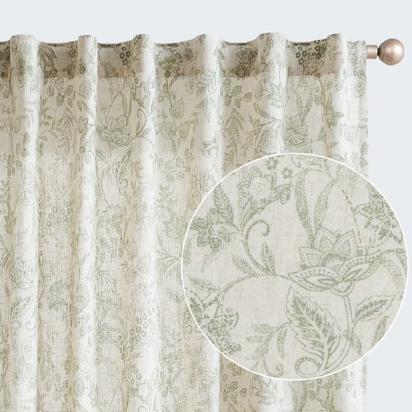 Lazzzy Linen Curtains Farmhouse Green Floral Print Curtains 84 Inches Long Back Tab Drapes for Living Room Bedroom Semi Sheer Pat