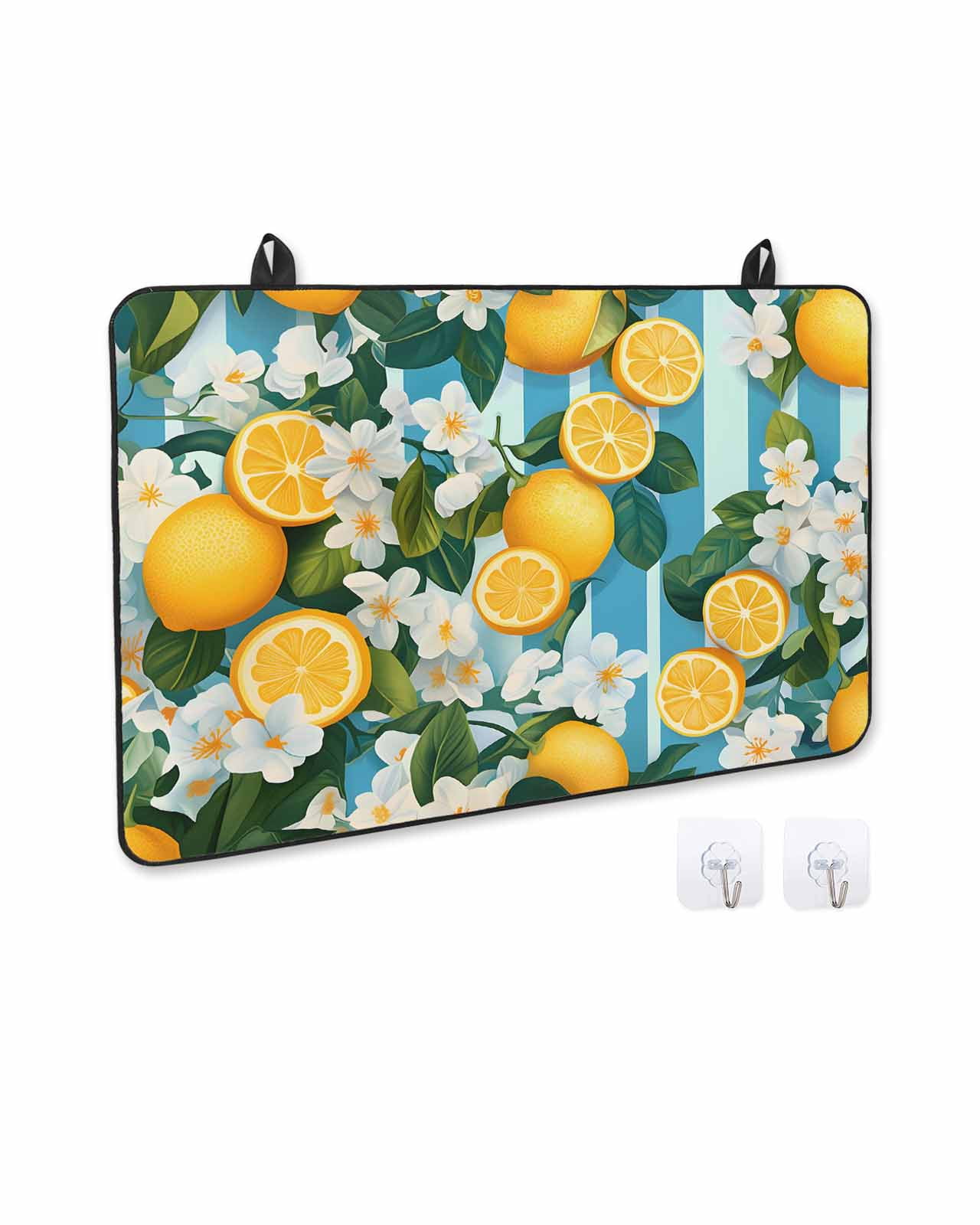 nqOlkjepod Large Induction Cooktop Protector Mat 24"x21", Yellow Lemon Stove Top Covers for Electric Stove, Summer Fruit Floral Blue Stripe Watercolor Stove Burner Cover Mats, Glass Top Stove Cover