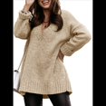 thumbnail image 3 of Suéter Holgado de Mujer, Cuello en V, Larga, Blusa Informal para Otoño e Invierno. Caqui XL, 3 of 8