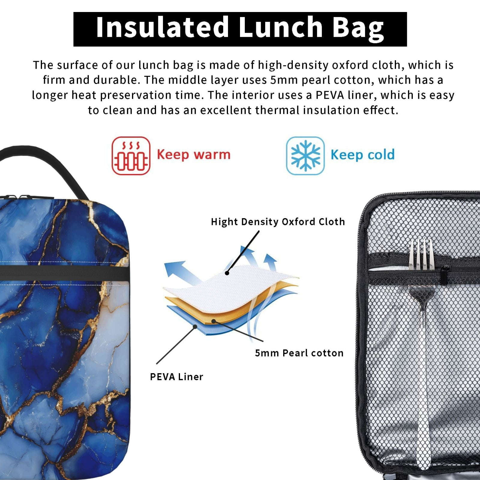 Lunch Bag For Women Men Insulated Portable Lunch Box Bento Box Office Picnic Travel Cooler Bag Blue And White Gold Marble