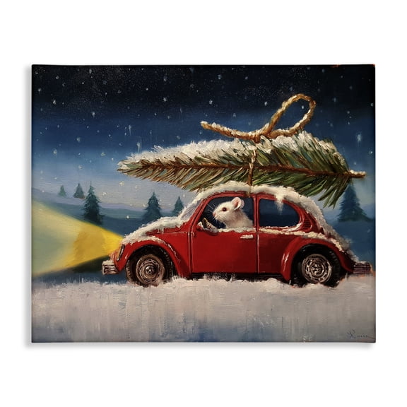 Stupell Industries Farmhouse Mouse Driving Snow Holiday Tree Canvas Art, 20 x 16, by Lucia Heffernan