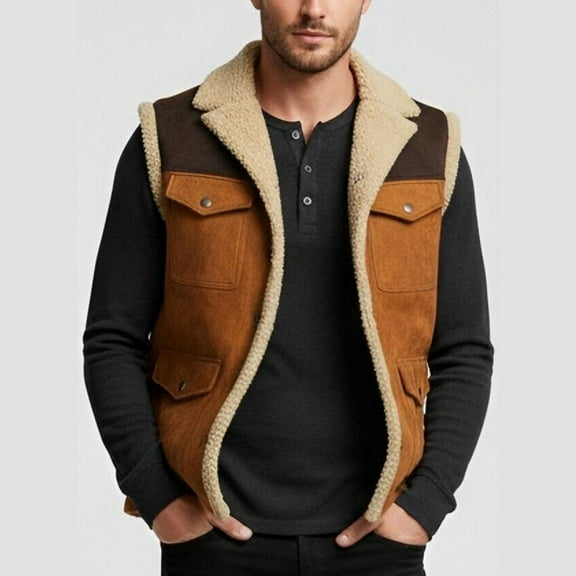 Men's Colorblock Outdoor Sports Plush Fleece Lined Vest Jacket with Multiple Pockets for Casual Winter Wear, Cold Weather Activities, and Christmas Holiday Gifts,Khaki,L