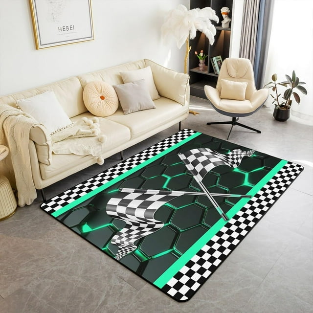 Erosebridal Racing Car Non Slip Rug 3x5 for Boys,Mint Green Honeycomb Area Rug,Geometric Neon Lights Hexagonal Carpet Non Slip,Black and White 3D Race Car Flag Indoor Floor Mat Room Decor