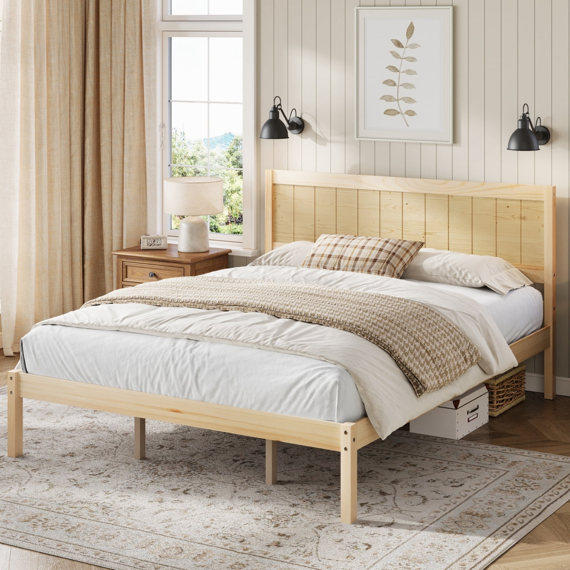 Leumius King Size Platform Bed Frame with Headboard, Wood Slat Support, No Box Spring Needed for Bedroom Guest Room Natural