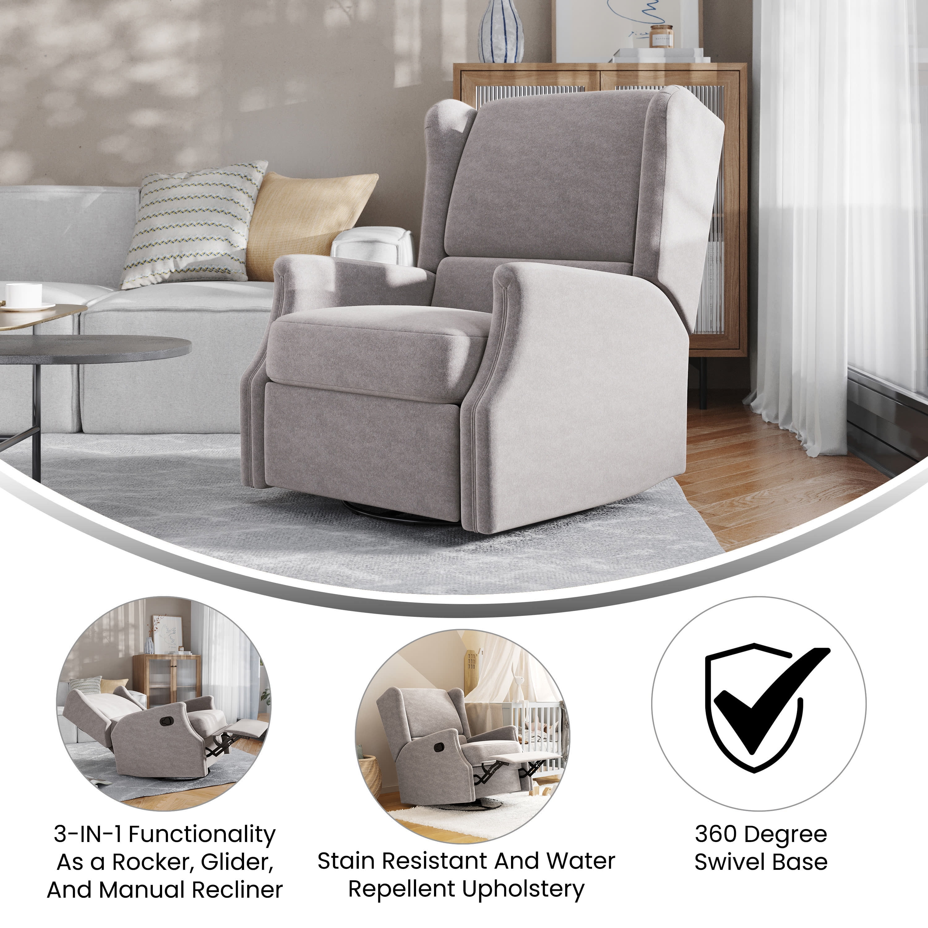 Merrick Lane 3-in-1 Wingback Manual Recliner Rocker Swivel Glider Chair in Light Gray
