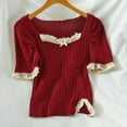 thumbnail image 2 of Women's Fashion Square Collar Lace Short Sleeve Knitted Slim Pullover T-Shirt Tops, 2 of 5