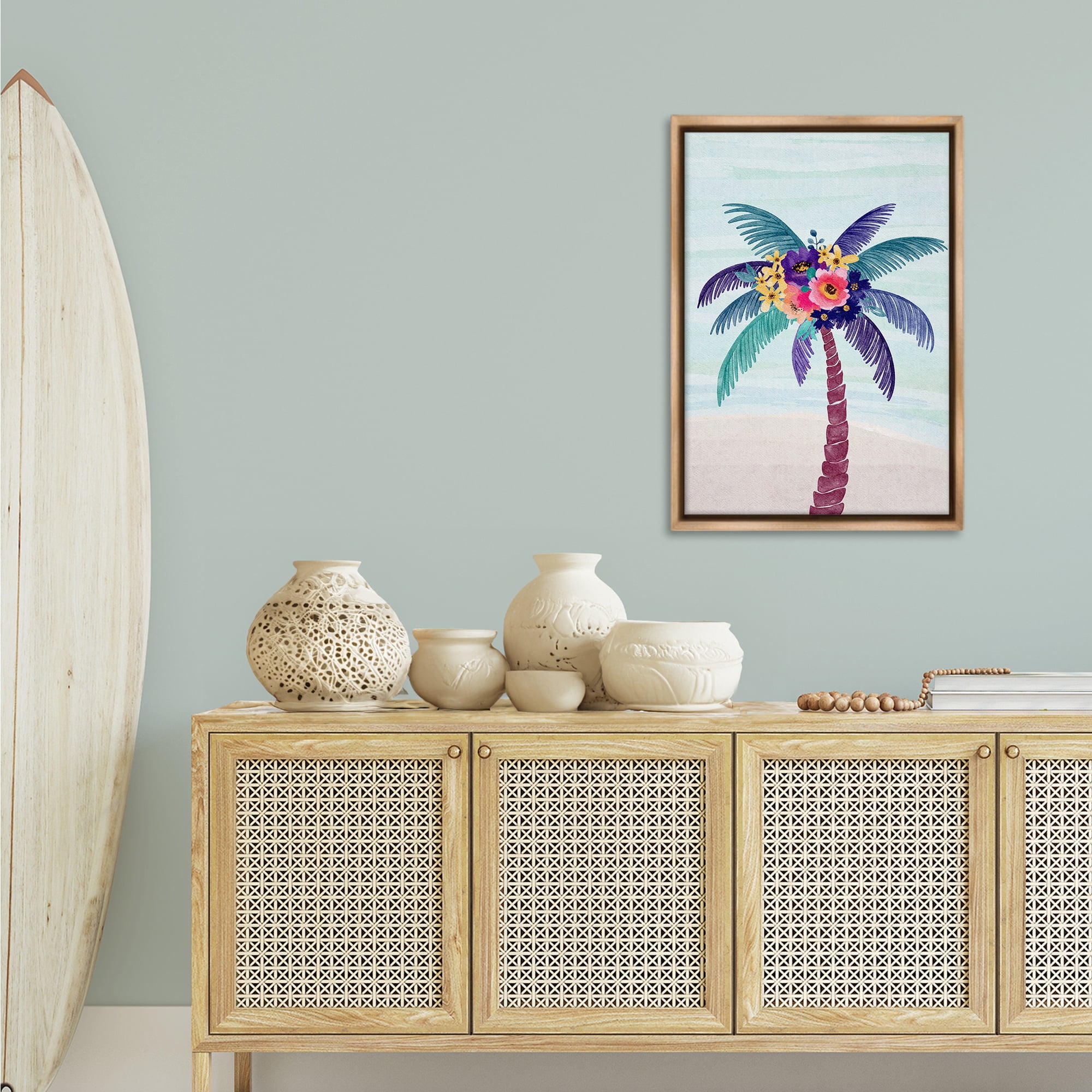 Stupell Industries Floral Palm Tree Beach Plants & Flowers Painting Brown Floater Framed Canvas Art Print Wall Art, 21 x 31