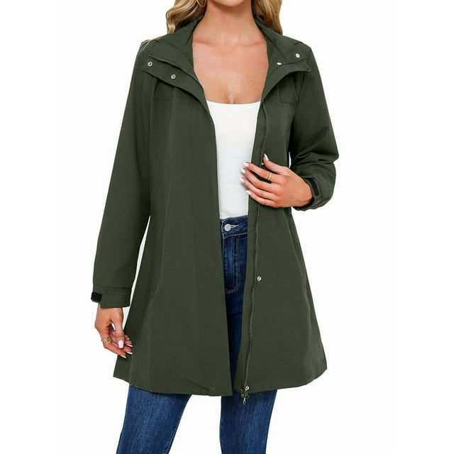 Imperméable pour Femmes avec Capuche Trench pour Femmes Imperméables Long Coupe-Vent Vert Armée TG