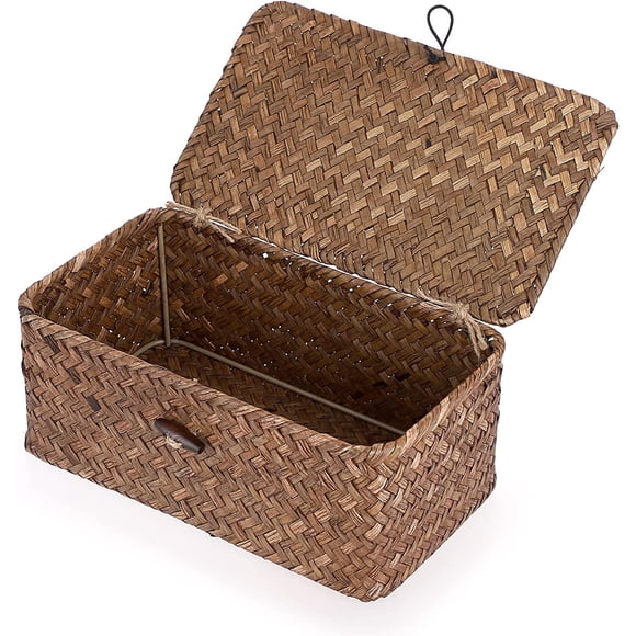 Wicker Shelf Baskets with Lid, Handwoven Seagrass Storage Bin, Rectangular Basket Box for Shelf Wardrobe Home Organizer(9.1 x 5.1 x 3.7 inches)