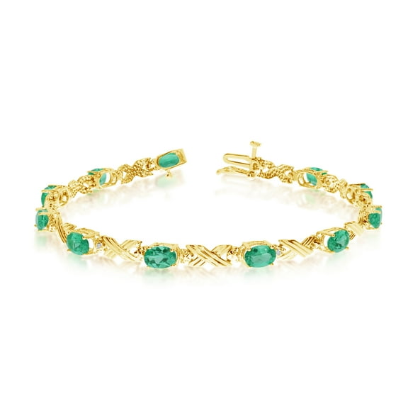 10K Yellow Gold Oval Emerald Stones And Diamonds Tennis Bracelet, 7"