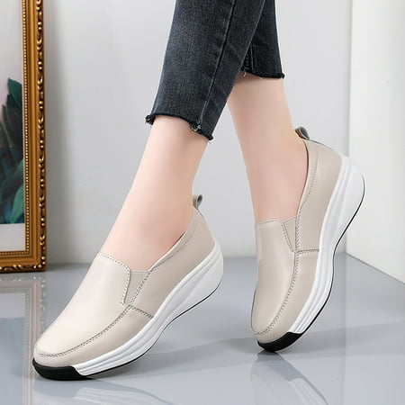 

Solid Color Faux Leather Lightweight Walking Shoes Low Top Round Toe Low Wedged Platform Flat Shoes Women‘s Footwear
